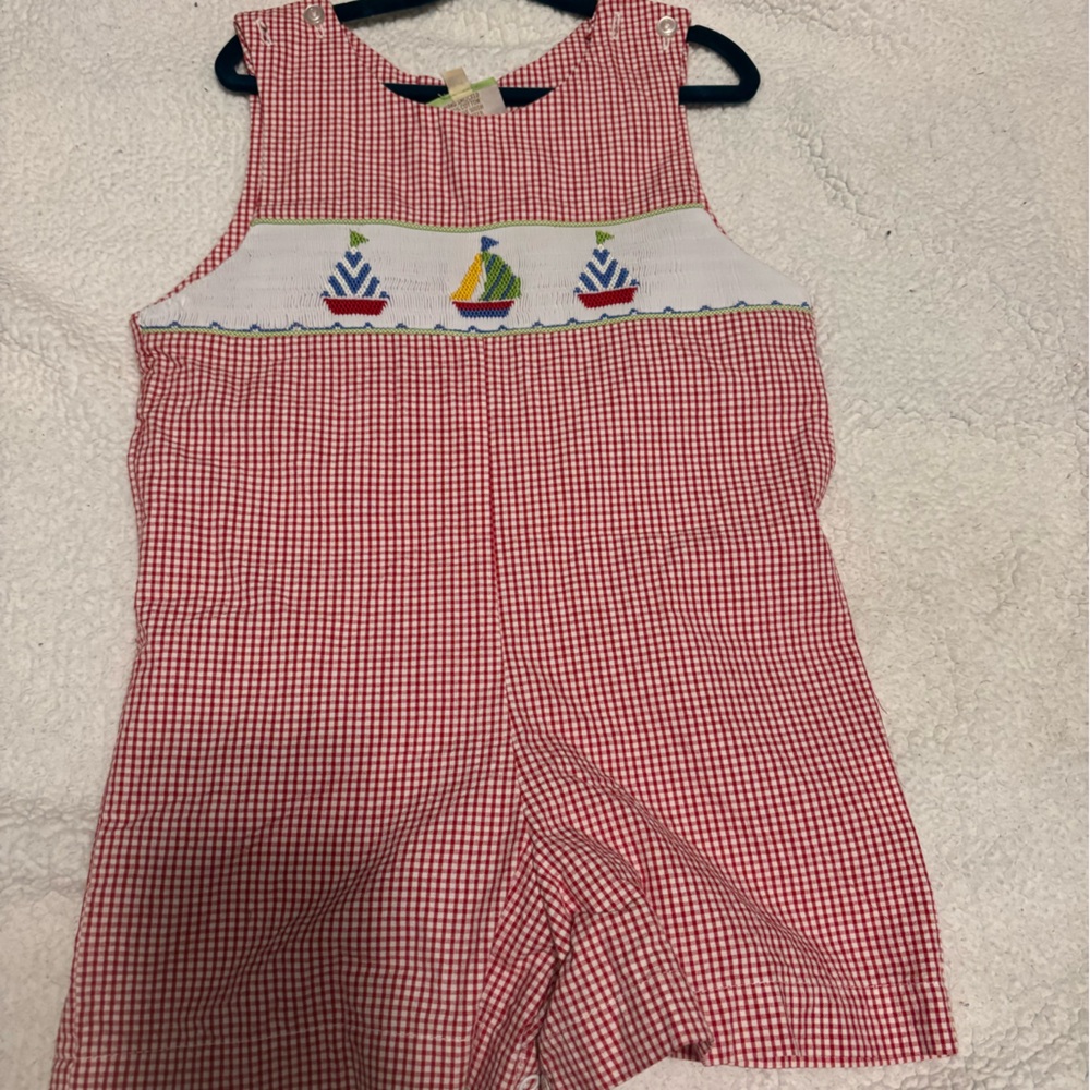 Red Gingham Kids One Piece with Sailboat Design